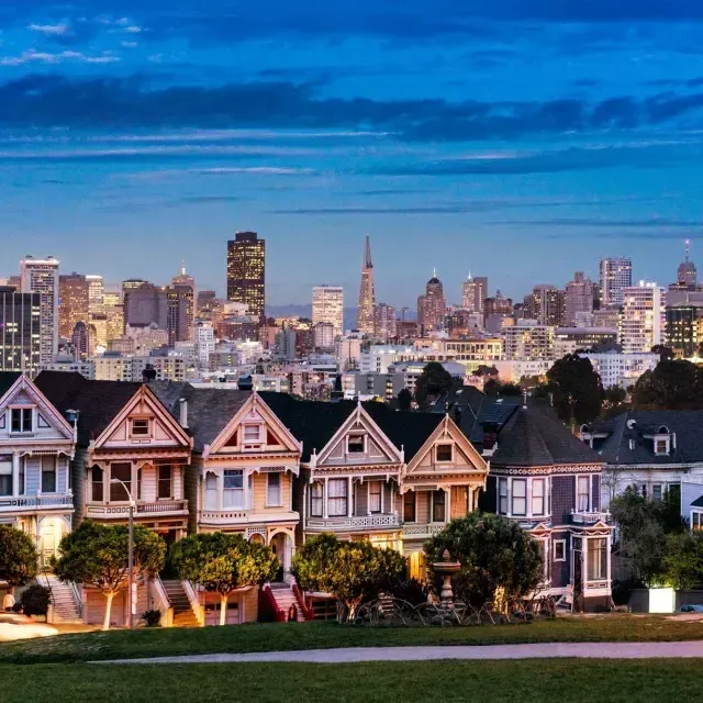 的 famous 涂女士 of Alamo Square are pictured before the San Francisco skyline at twilight.